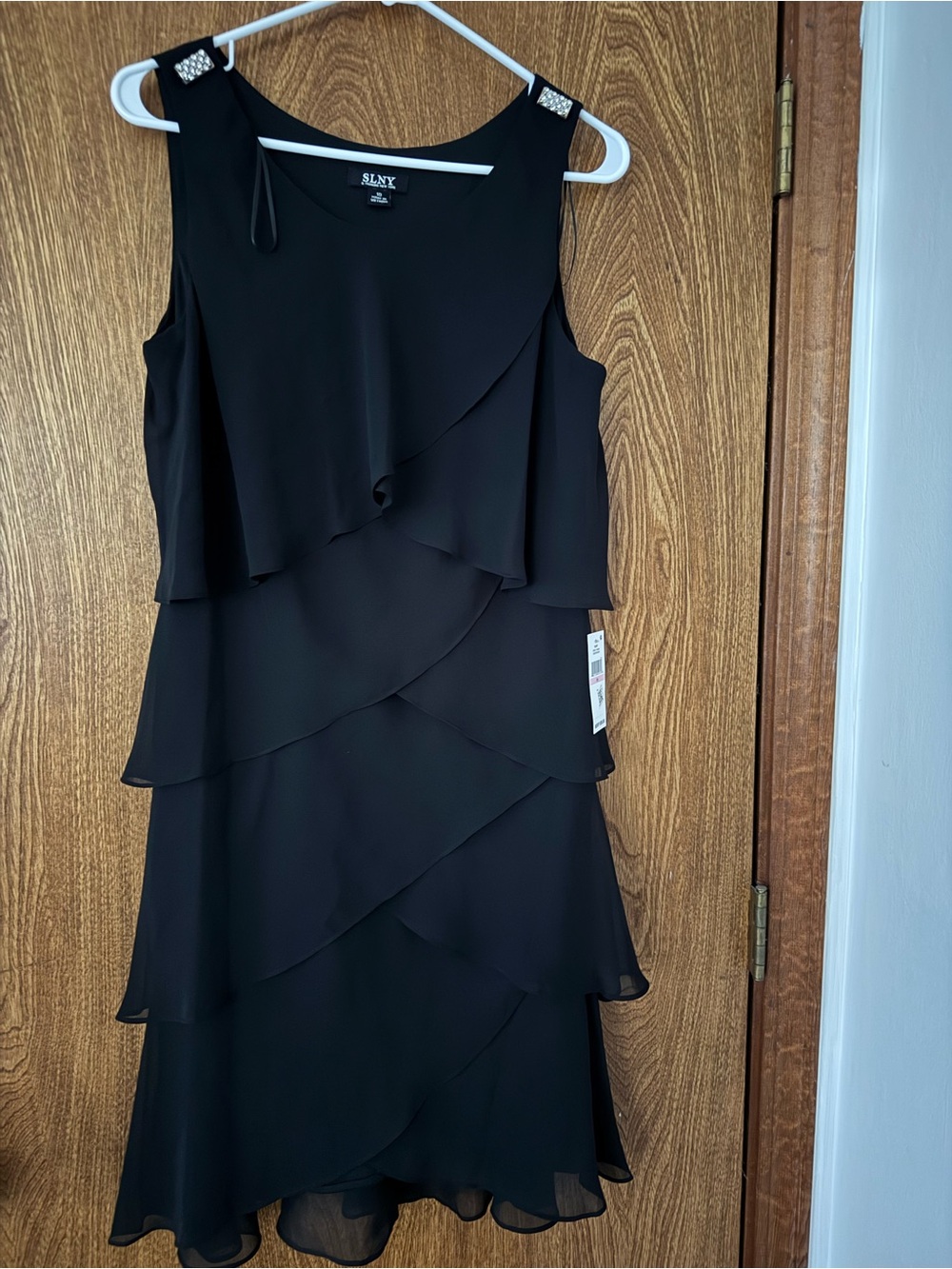 SLNY Black Layered Ruffle Sleeveless Cocktail Dress